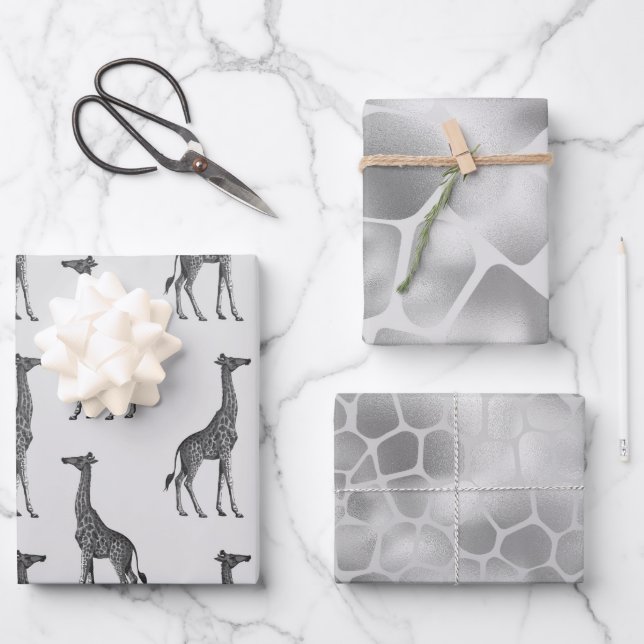 Silver Blue Giraffe Print Geschenkpapier Set (Vorderseite)