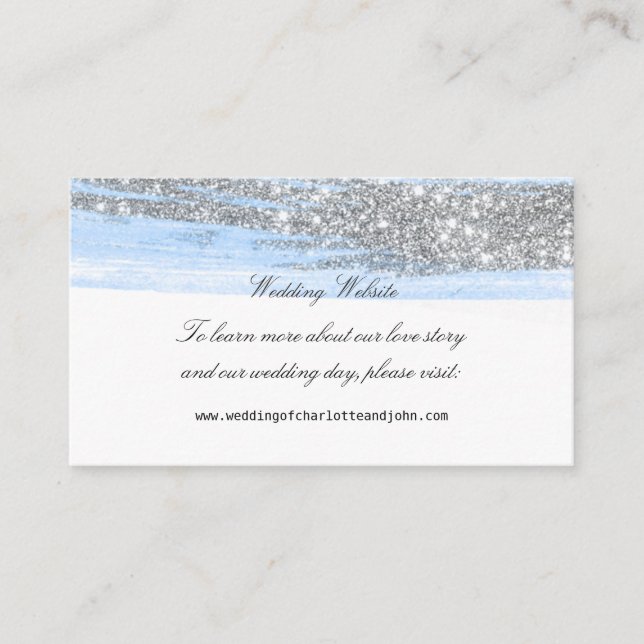 Silver Blue Glitte Delicate Script Wedding Website Begleitkarte (Vorderseite)