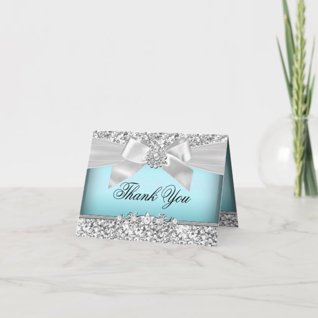 Silver Blue Glitter & Jewel Bow Thank You Card Dankeskarte (Vorderseite)