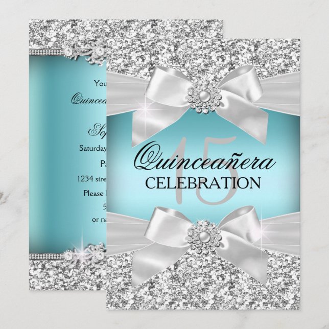 Silver Blue Glitzer & Jewel Bow Quinceanera Einladung (Vorne/Hinten)