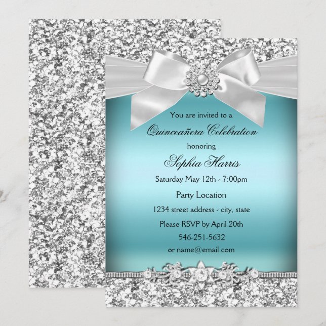 Silver Blue Glitzer Jewel Bow Quinceanera Einladung (Vorne/Hinten)