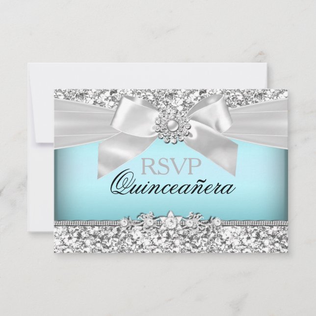 Silver Blue Glitzer & Jewel Bow Quinceanera UAWG RSVP Karte (Vorderseite)