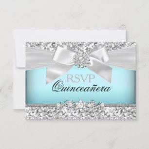 Silver Blue Glitzer & Jewel Bow Quinceanera UAWG RSVP Karte
