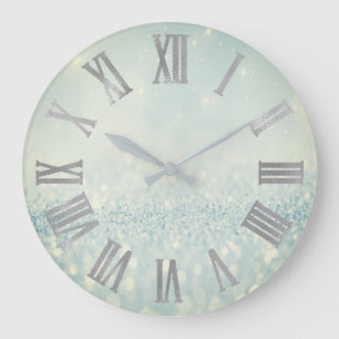 Silver Blue Glitzer Minimal Metallic römische Zahl Große Wanduhr