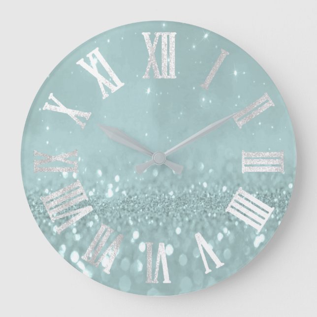 Silver Blue Glitzer Minimal Metallic römische Zahl Große Wanduhr (Vorderseite)
