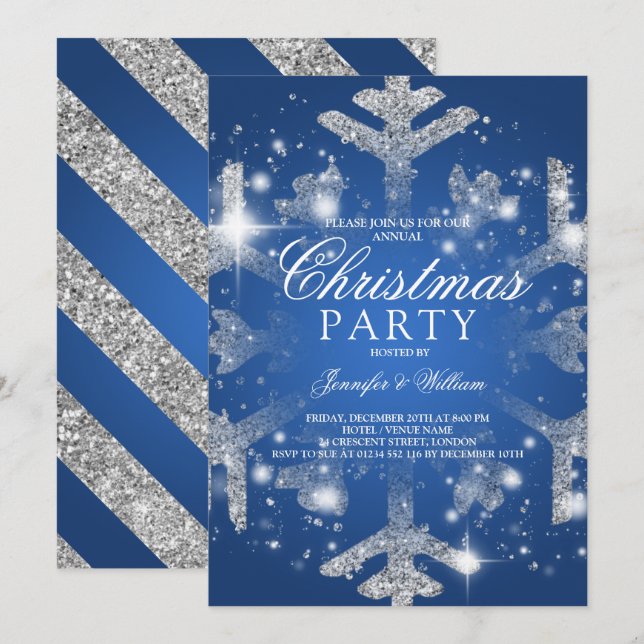 Silver Blue Glitzer Snowflake Weihnachten Weihnach Einladung (Vorne/Hinten)