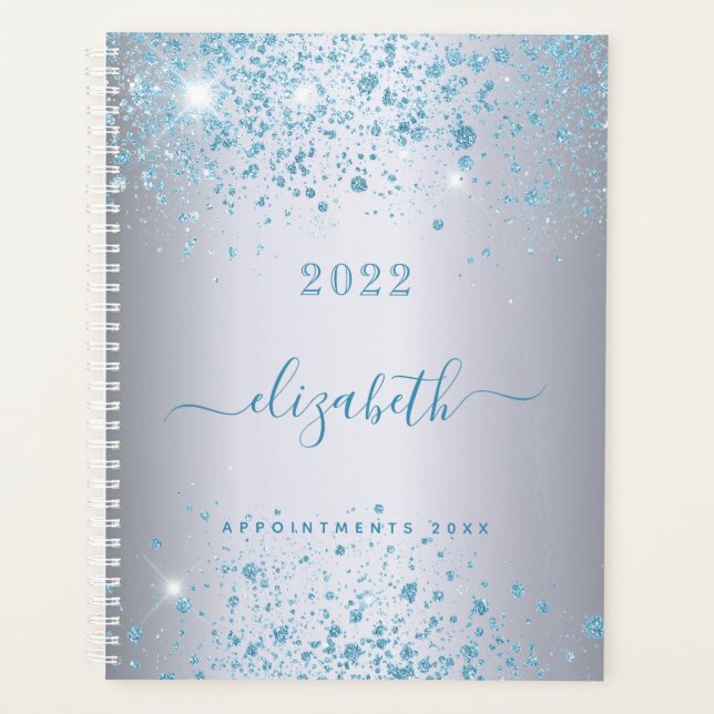 Silver Blue Glitzer Staubname Monogramm 2022 Planer (Vorderseite)