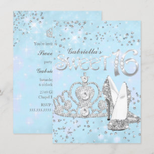 Silver Blue Glitzer Tiara & Heelses Sweet 16 Einla Einladung