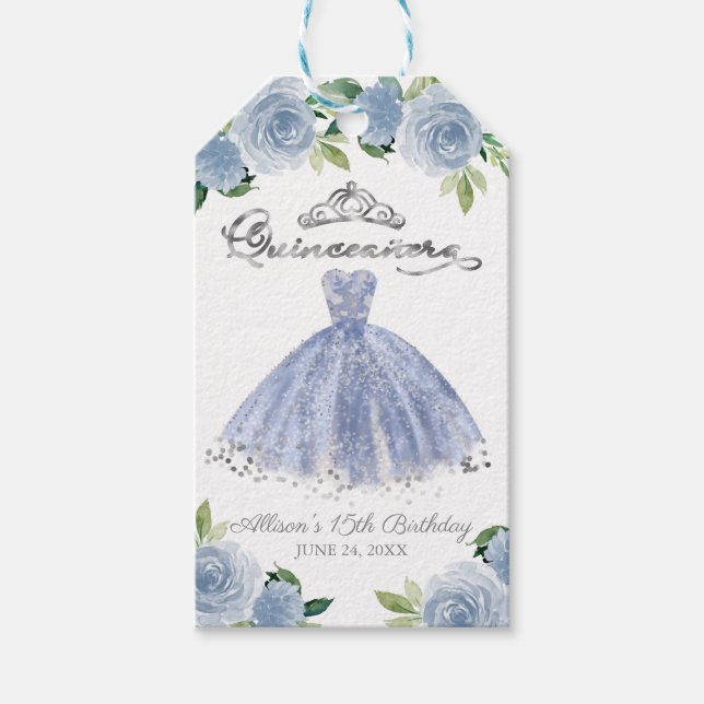 Silver Blue Gown Floral Quinceanera Party Geschenkanhänger (Vorderseite)