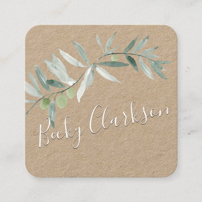 Silver Blue Greenery Kraft Papier Hübsches Skript Quadratische Visitenkarte (Vorderseite)