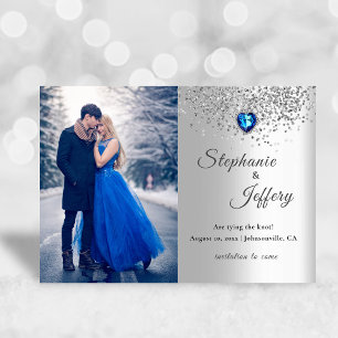 Silver Blue Heart Glitzer Save the Date Card