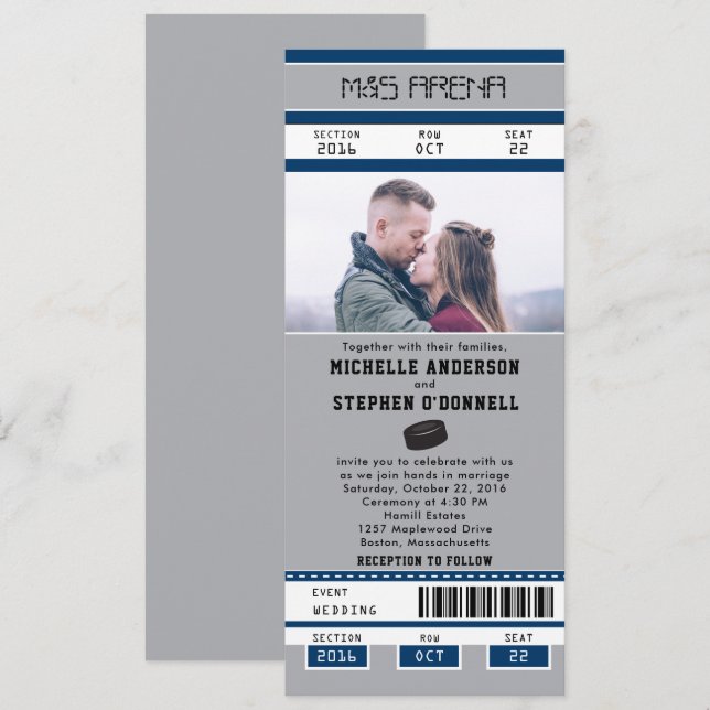 Silver Blue Hockey Ticket Wedding Einladung (Vorne/Hinten)