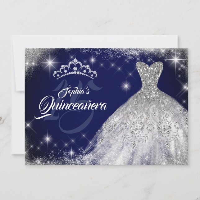 Silver Blue Lace Diamond Gown Tiara Quinceanera Einladung (Vorderseite)