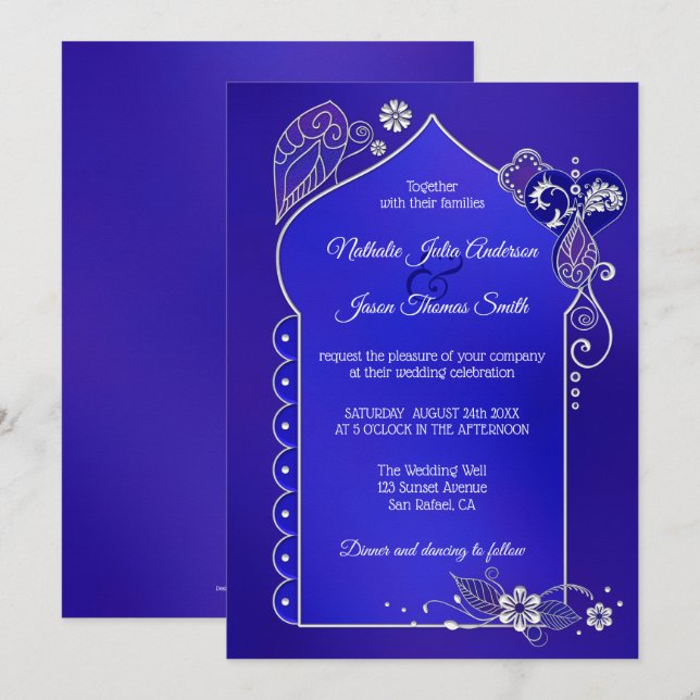 Silver Blue Lila Henna Mehndi Hochzeit Einladung (Vorne/Hinten)