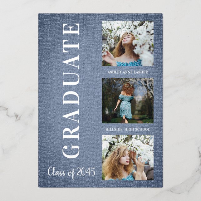 Silver Blue Modern 3 Photos Graduation Texture Folieneinladung (Vorderseite)