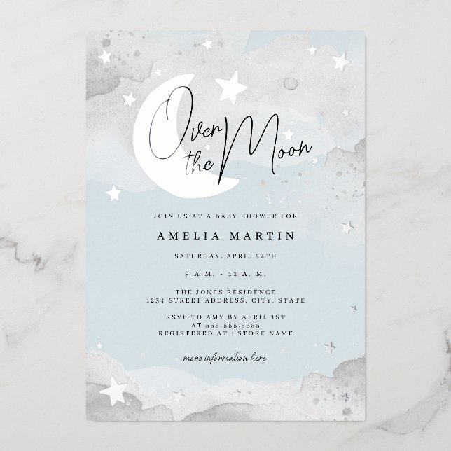 Silver Blue Over Moon Baby Shower Foil Folieneinladung (Vorderseite)