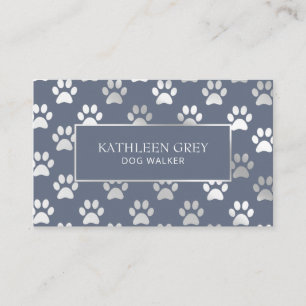 Silver Blue Paw Print Pattern Pet Groomer Visitenkarte