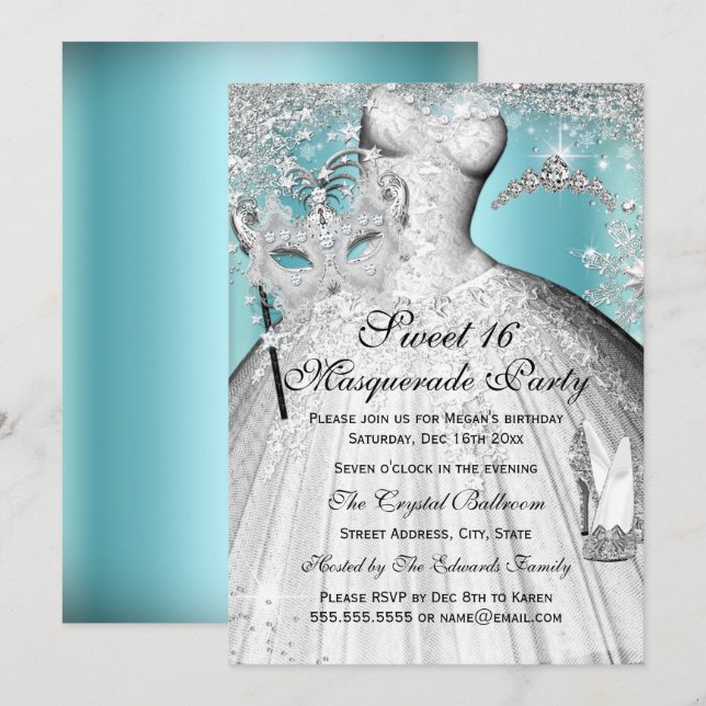 Silver Blue Princess Masquerade Sweet 16 Einladung (Vorne/Hinten)