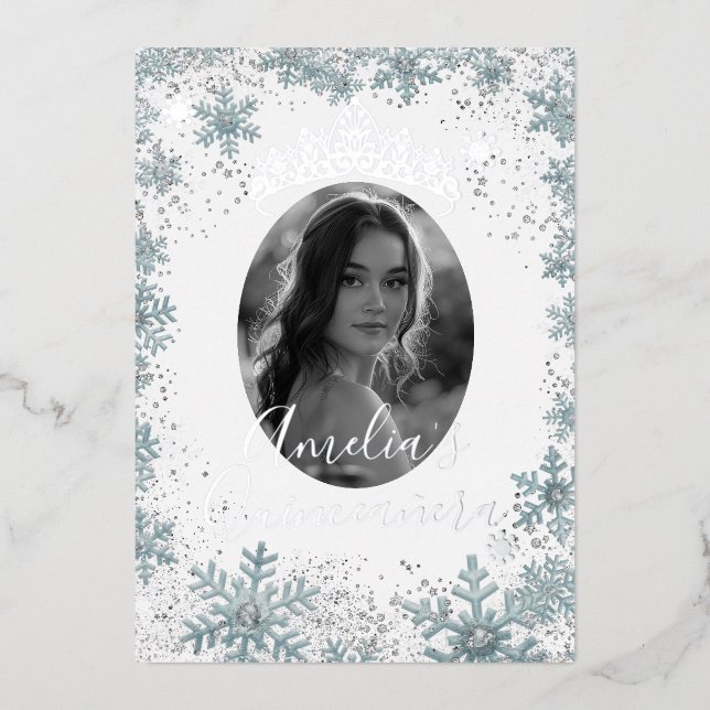 Silver Blue Snowflake Foto Quinceanera Folieneinladung (Vorderseite)