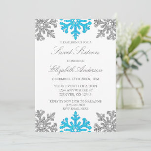 Silver Blue Snowflake Winter Sweet 16 Einladung