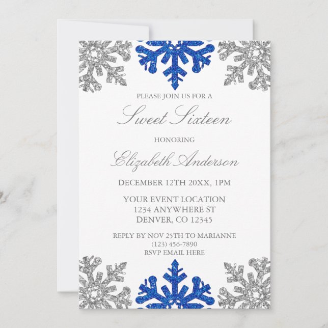 Silver Blue Snowflake Winter Sweet 16 Einladung (Vorderseite)