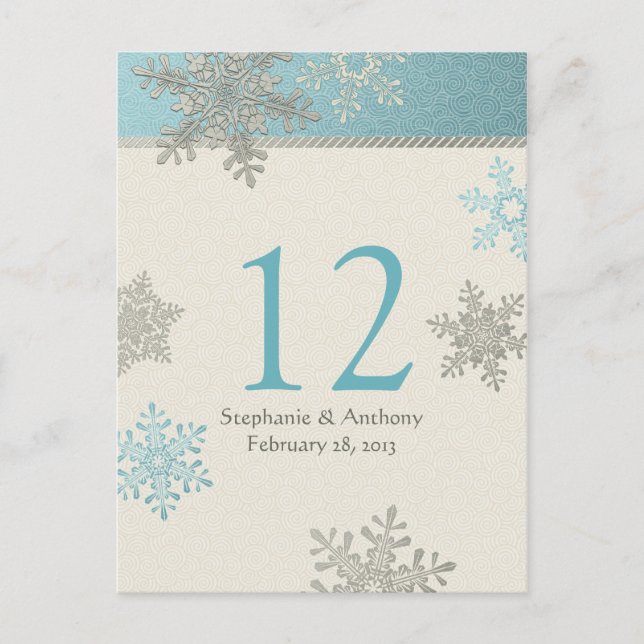 Silver Blue Snowflake Winter Wedding Table Card Postkarte (Vorderseite)