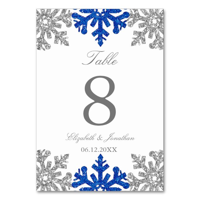 Silver Blue Snowflake Winter Wedding Tischnummer (Vorderseite)