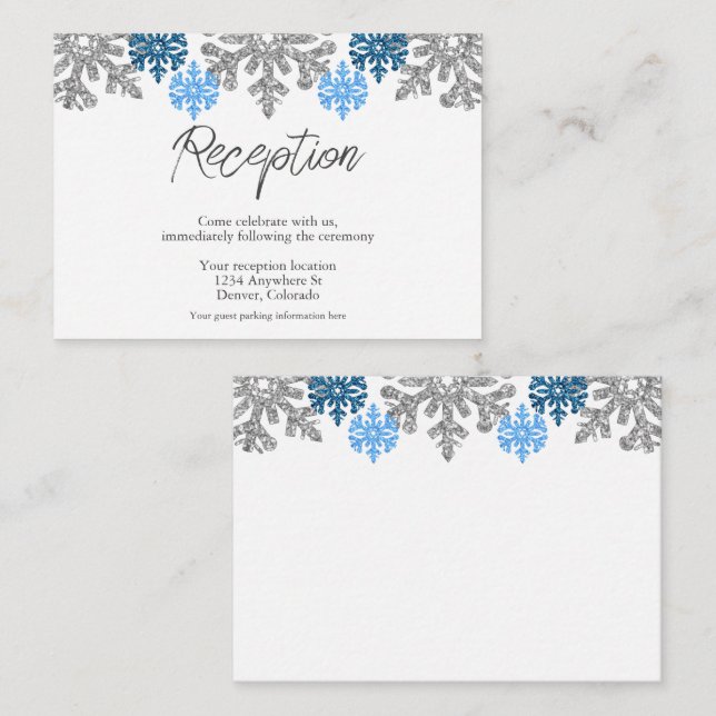 Silver Blue Snowflakes Winter Wedding Empfang Begleitkarte (Vorne/Hinten)