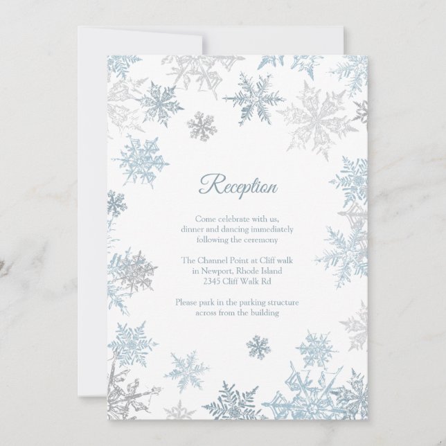 Silver Blue Snowflakes Winter Wedding Empfang Einladung (Vorderseite)