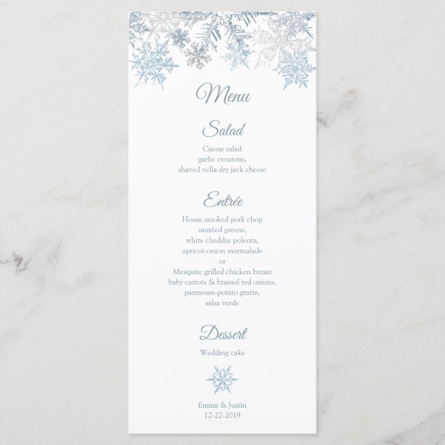 Silver Blue Snowflakes Winter Wedding Rackcard Menükarte (Vorderseite)