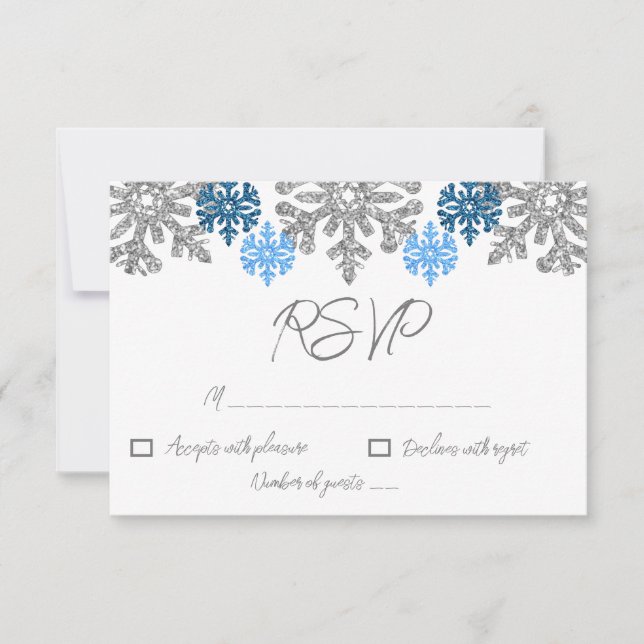 Silver Blue Snowflakes Winter Wedding RSVP Karte (Vorderseite)