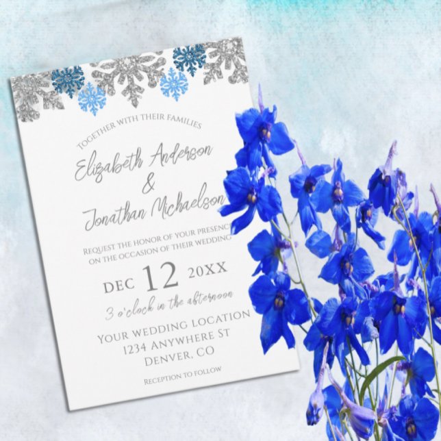 Silver Blue Snowflakes Winterhochzeit Einladung (Von Creator hochgeladen)