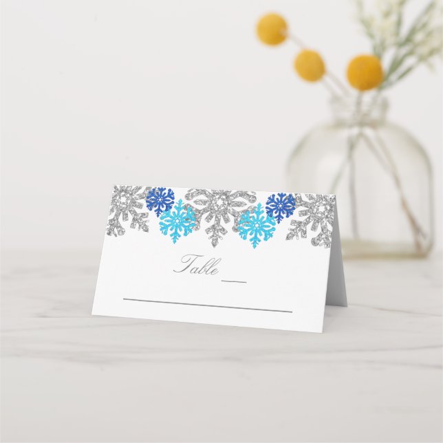 Silver Blue Snowflakes Winterhochzeit Platzkarte (Vorderseite)