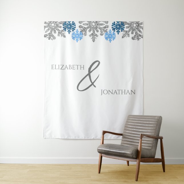 Silver Blue Snowflakes Winterhochzeit Wandteppich (Beispiel)