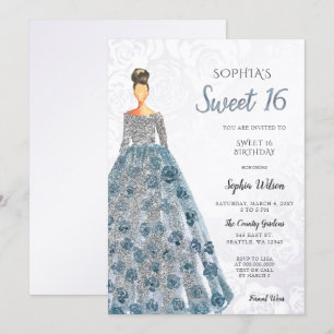 Silver Blue Sparkle Dress Sweet 16 Geburtstag Invi Einladung