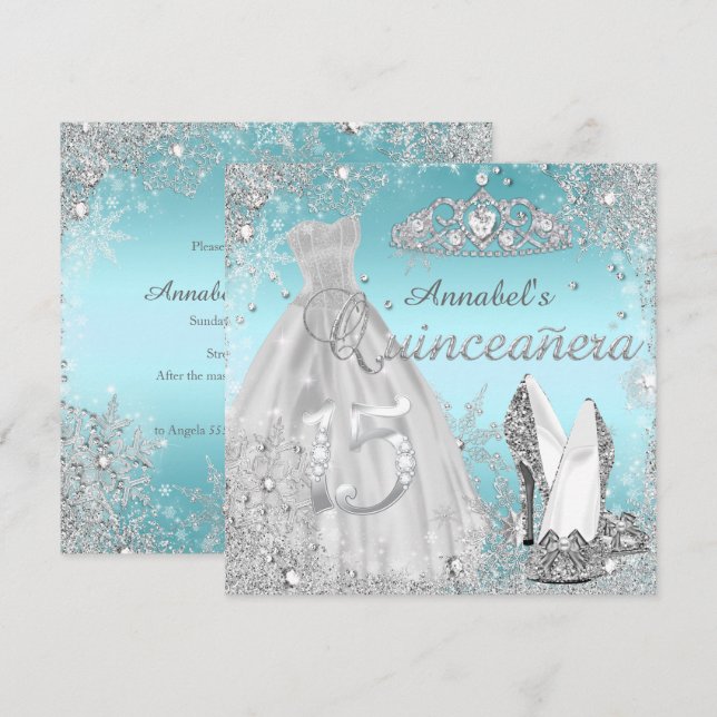 Silver & Blue Sparkle Dress & Tiara Quinceanera Einladung (Vorne/Hinten)