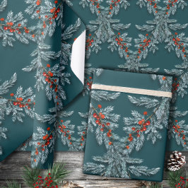 Silver Blue Spruce Red Ilex Berries Lattice Aquama Geschenkpapier