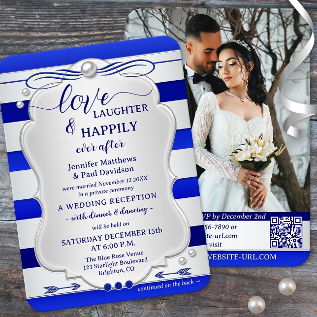 Silver Blue Striped Happily Ever After Wedding Einladung (Happily ever after wedding party invitation featuring a silver and navy blue stripe with photo + QR)