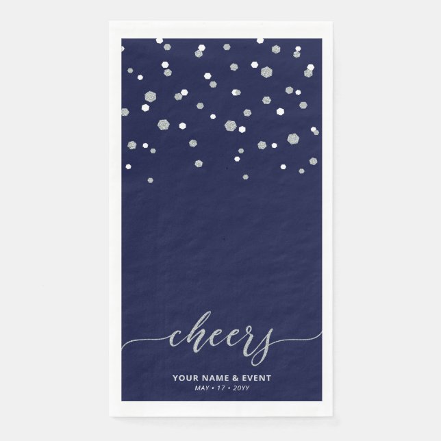 Silver Blue Stylish Script Confetti Cheers Party Serviette (Vorderseite)
