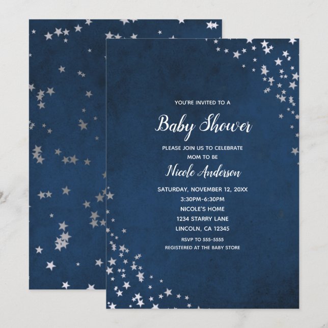 Silver & Blue Twinkle Stars Celestial Baby Dusche Einladung (Vorne/Hinten)