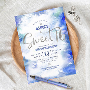 Silver Blue Watercolor Sweet 16 Birthday Modern Einladung