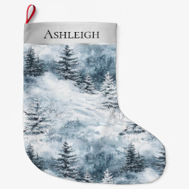 Silver Blue White Snow Trees Weihnachten Großer Weihnachtsstrumpf