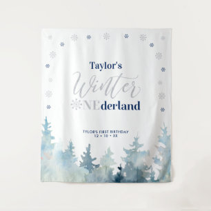 Silver & Blue Winter onderland 1. Geburtstag Wandteppich