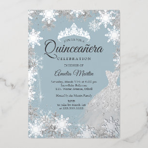Silver Blue Winter Snowflake Quinceanera Folieneinladung