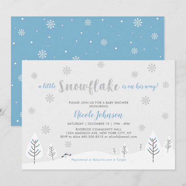 Silver & Blue Winter Wonderland Boy Baby Dusche Einladung (Vorne/Hinten)