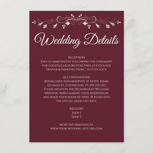 Silver Blüh Elegant Burgundy Wedding Details Begleitkarte (Vorderseite)