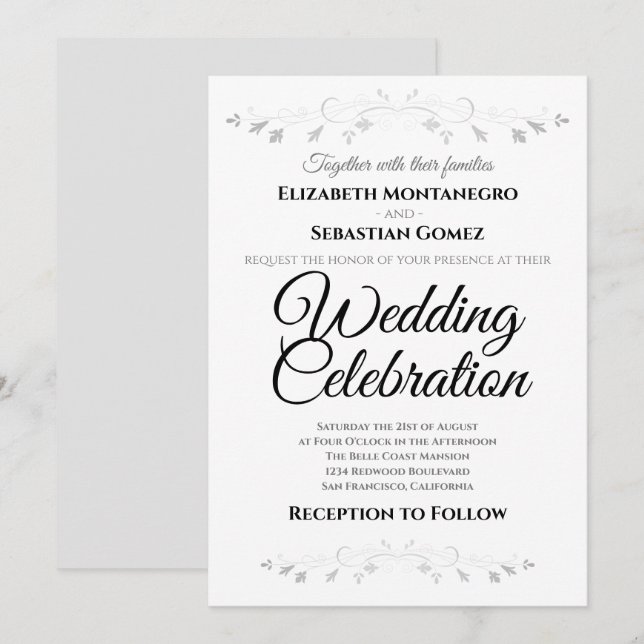 Silver Blüh Floral Imitats Foil Wedding Einladung (Vorne/Hinten)