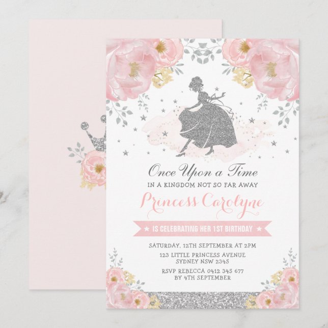 Silver Blush Bloral Princess Ainderella Geburtstag Einladung (Vorne/Hinten)