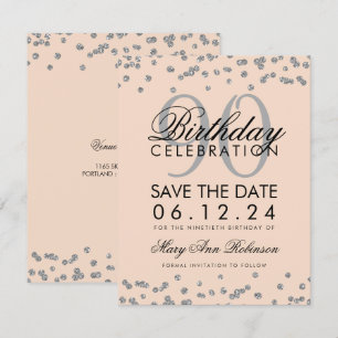 Silver Blush Pink 90. Geburtstag Rett Confetti Einladung