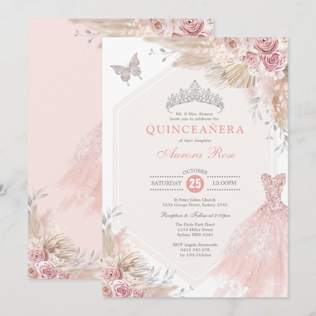 Silver Blush Pink Boho Floral Quinceañera Geburtst Einladung (Vorne/Hinten)
